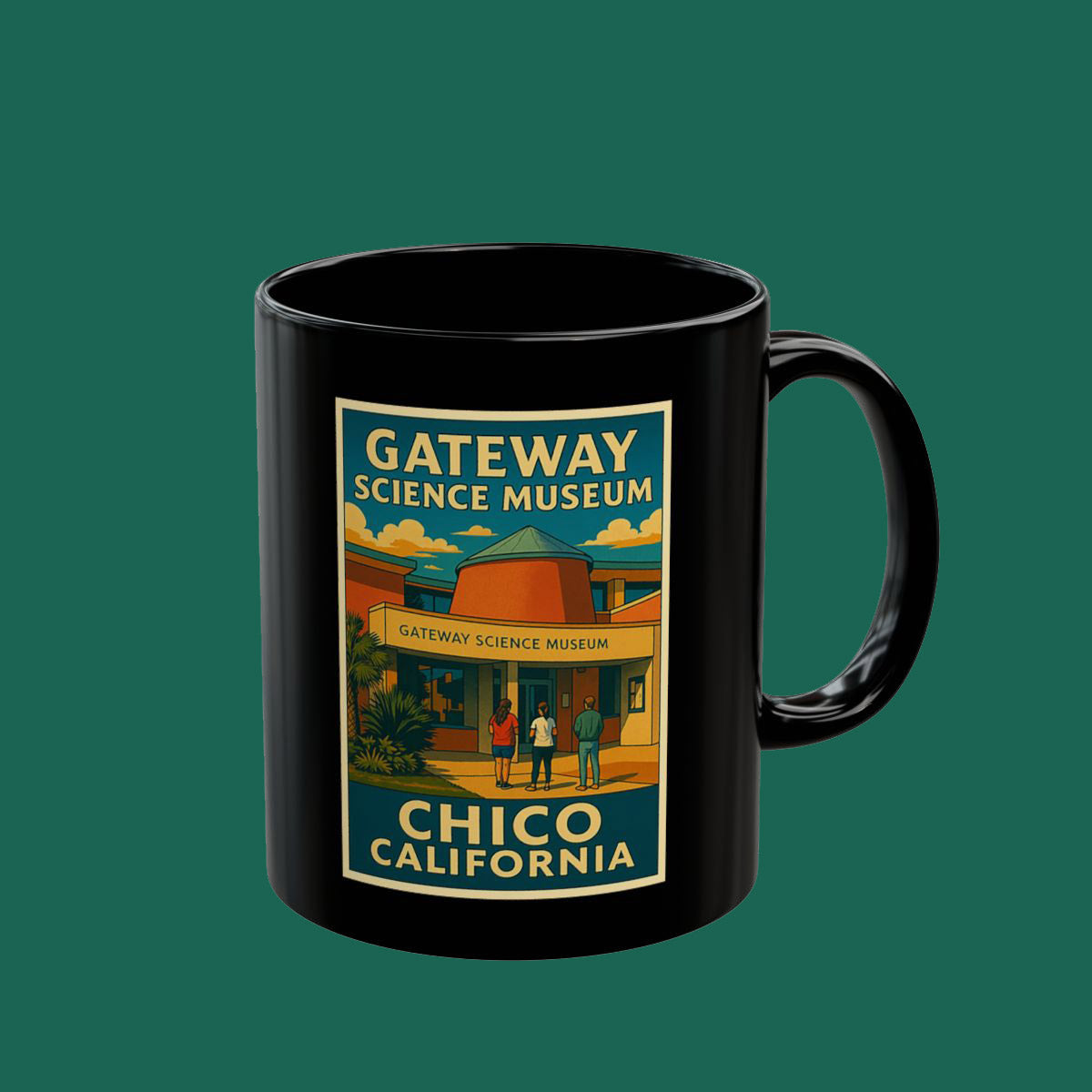 Chico California Gateway Science Museum Black Mug — Retro Travel Poster Coffee Cup (11oz/15oz)
