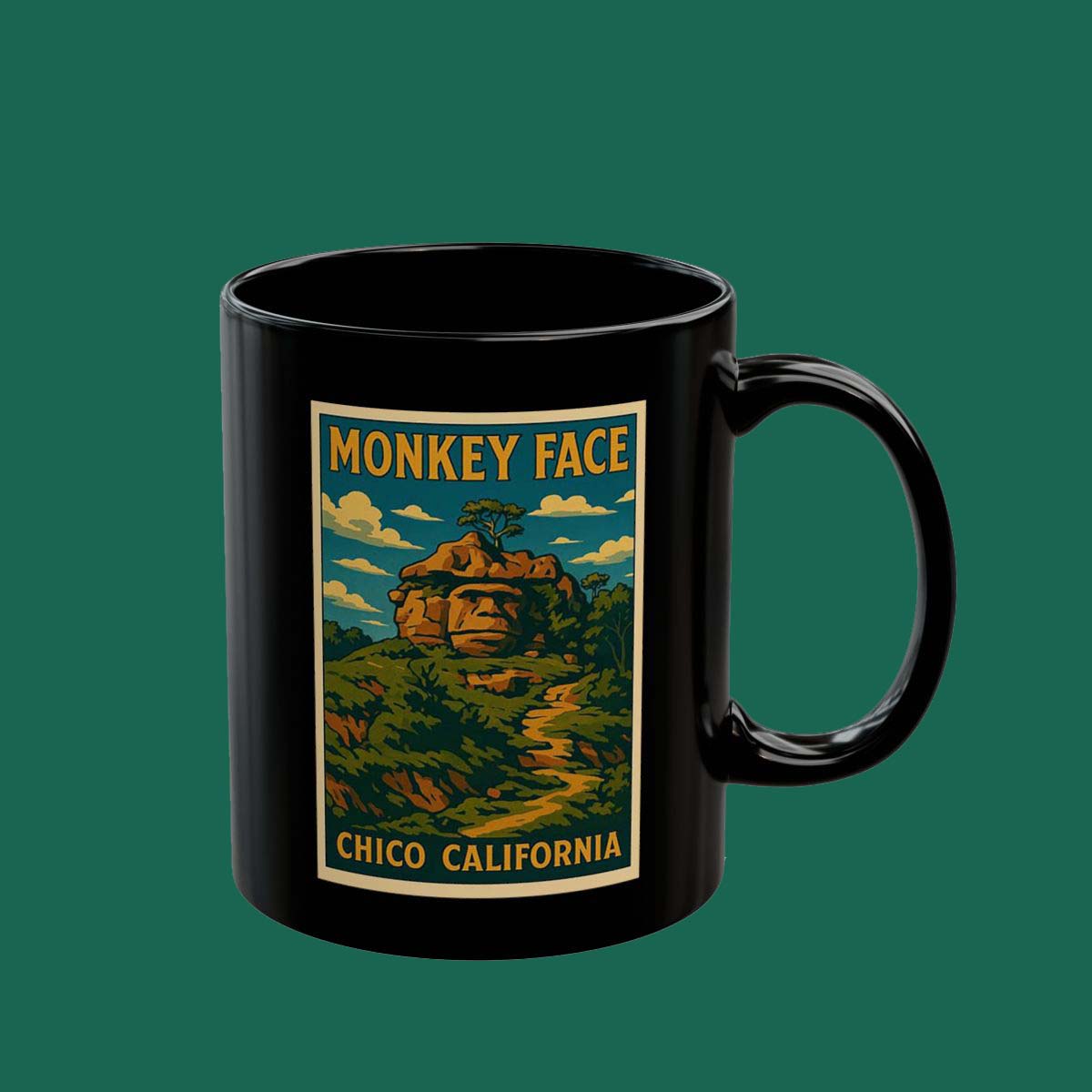 Monkey Face Chico California Coffee Mug — Vintage National Park Style Black Ceramic