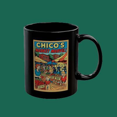 Chico’s Market Marvel Comic Art Mug — Vintage Farmers Market Coffee Cup (11oz/15oz)