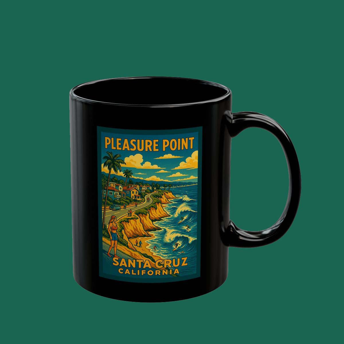 Pleasure Point Santa Cruz Coffee Mug — Vintage California Surf Poster Design