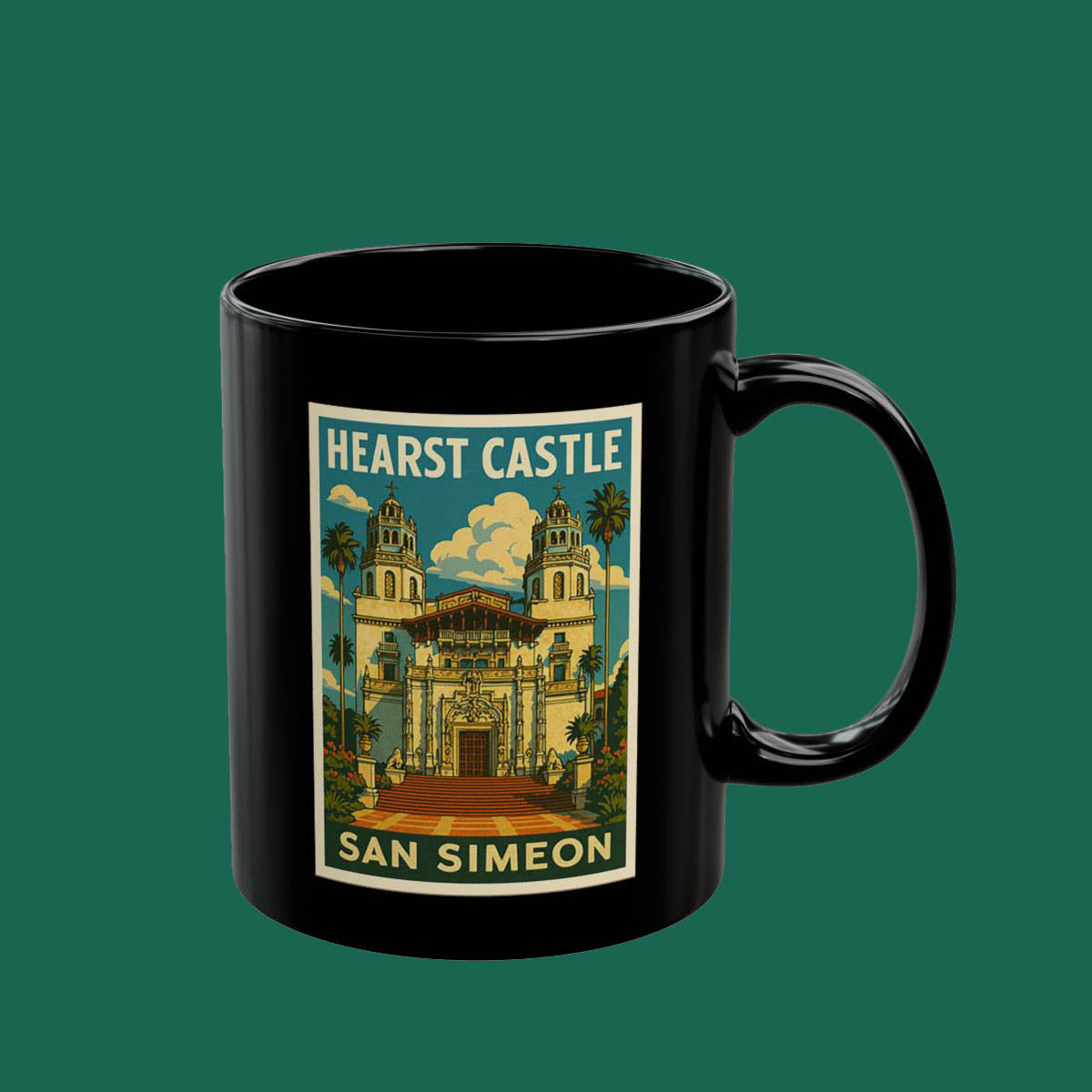 San Simeon Hearst Castle Vintage Travel Mug — Black Ceramic Coffee Cup (11oz/15oz)