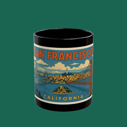 San Francisco Vintage Travel Mug — Black Coffee Cup with Golden Gate Poster Design