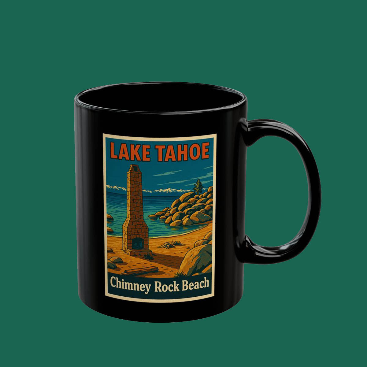 Lake Tahoe Chimney Rock Beach Black Mug – Vintage Travel Poster Coffee Cup (11oz, 15oz)