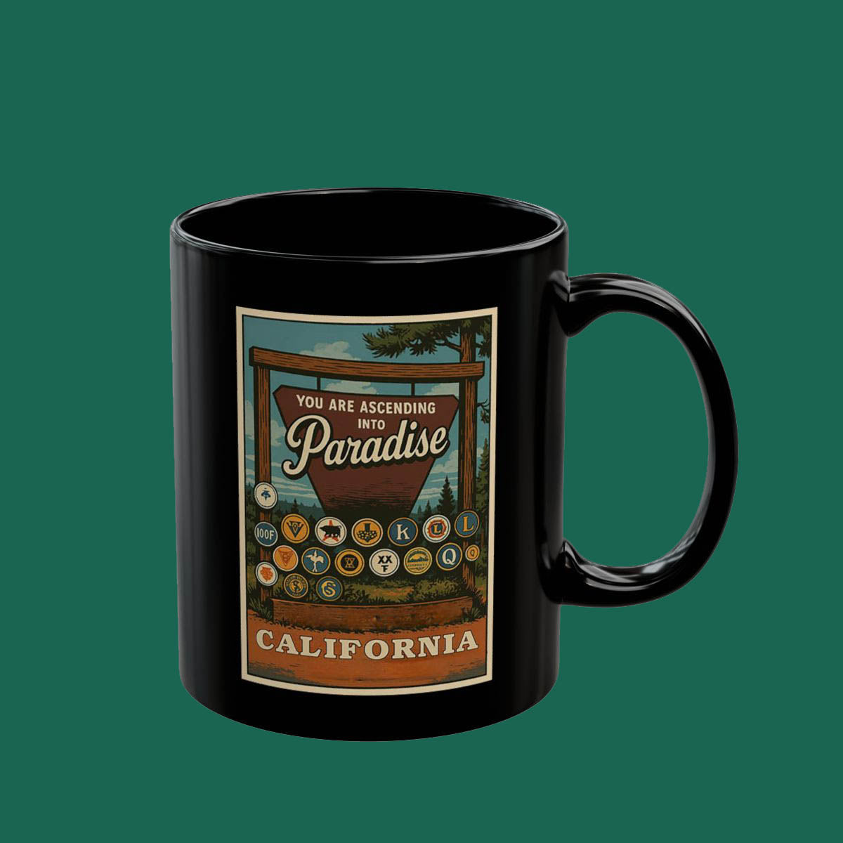 Paradise California Black Mug — 'You Are Ascending into Paradise' Scenic Coffee Cup (11oz/15oz)