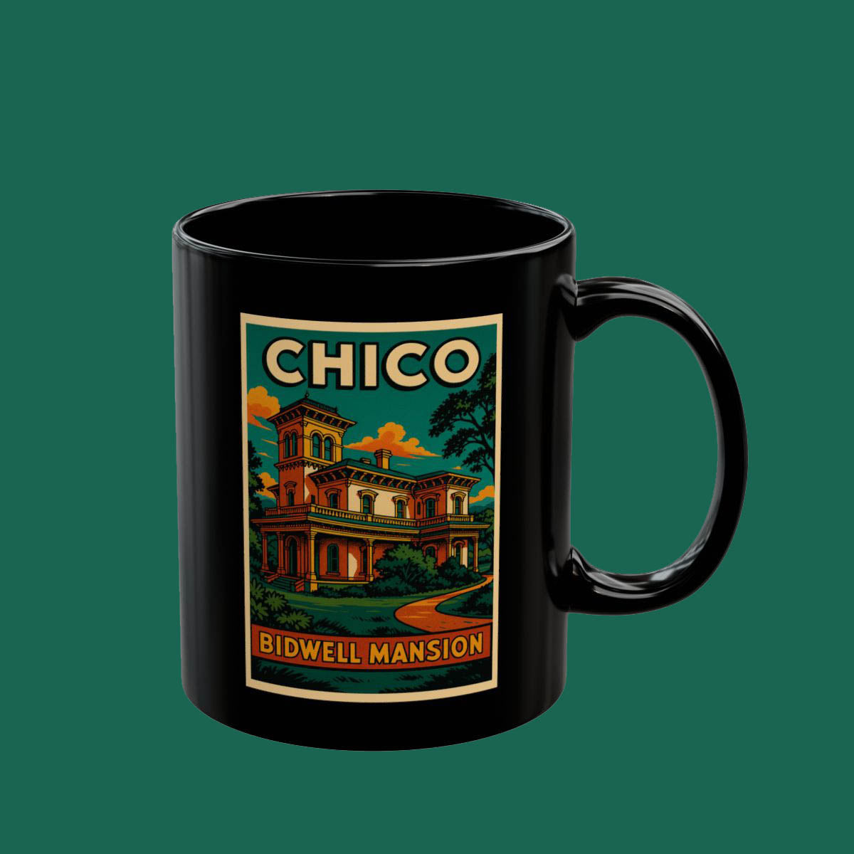 Chico Bidwell Mansion Black Coffee Mug – Vintage Travel Poster Ceramic Cup (11oz/15oz)
