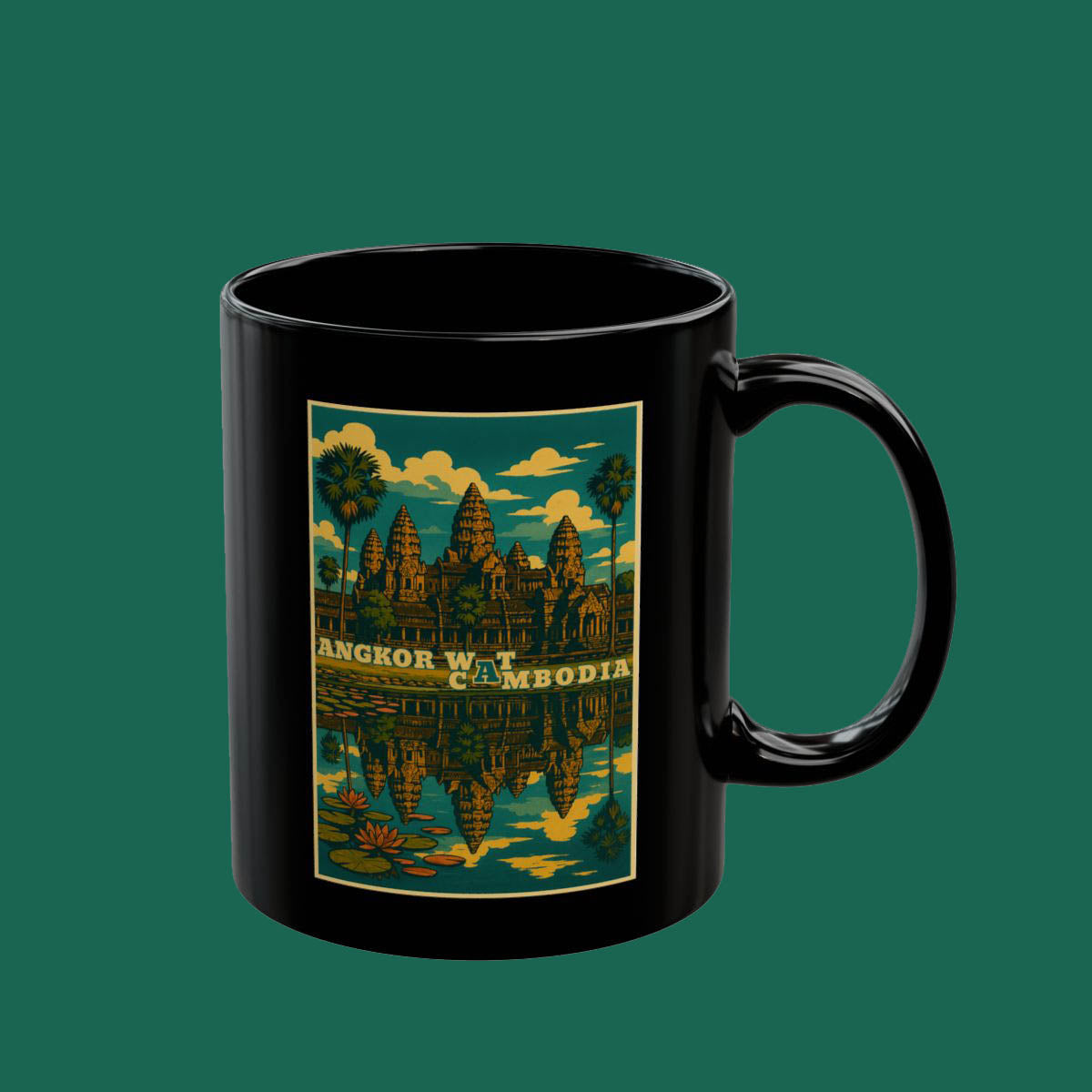 Angkor Wat Cambodia Black Mug — Vintage Temple Travel Souvenir (11oz, 15oz)