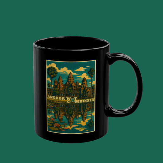 Angkor Wat Cambodia Black Mug — Vintage Temple Travel Souvenir (11oz, 15oz)