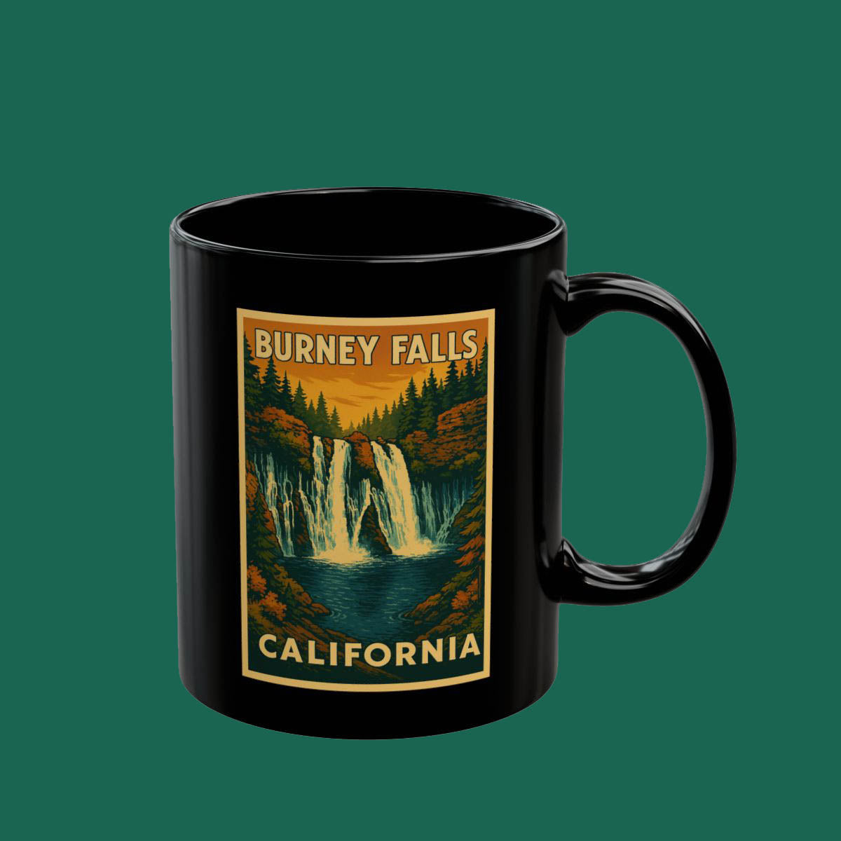 Burney Falls California Black Mug — Vintage National Park Waterfall Coffee Cup