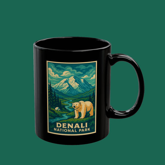 Denali National Park Bear Mug — Scenic Mountain Camping Coffee Cup (11oz/15oz)