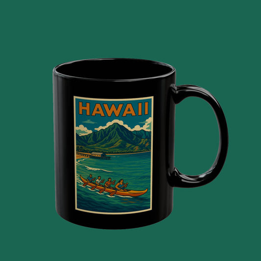 Hawaii Vintage Travel Poster Mug — Retro Ocean Canoe Coffee Cup