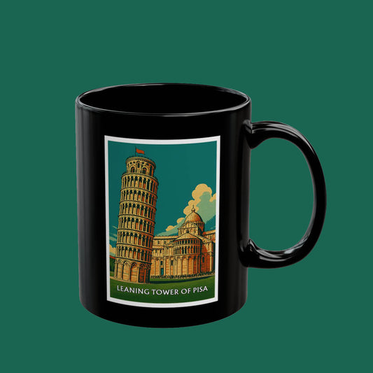 Leaning Tower of Pisa Black Mug — Vintage Travel Poster Coffee Cup (11oz & 15oz)