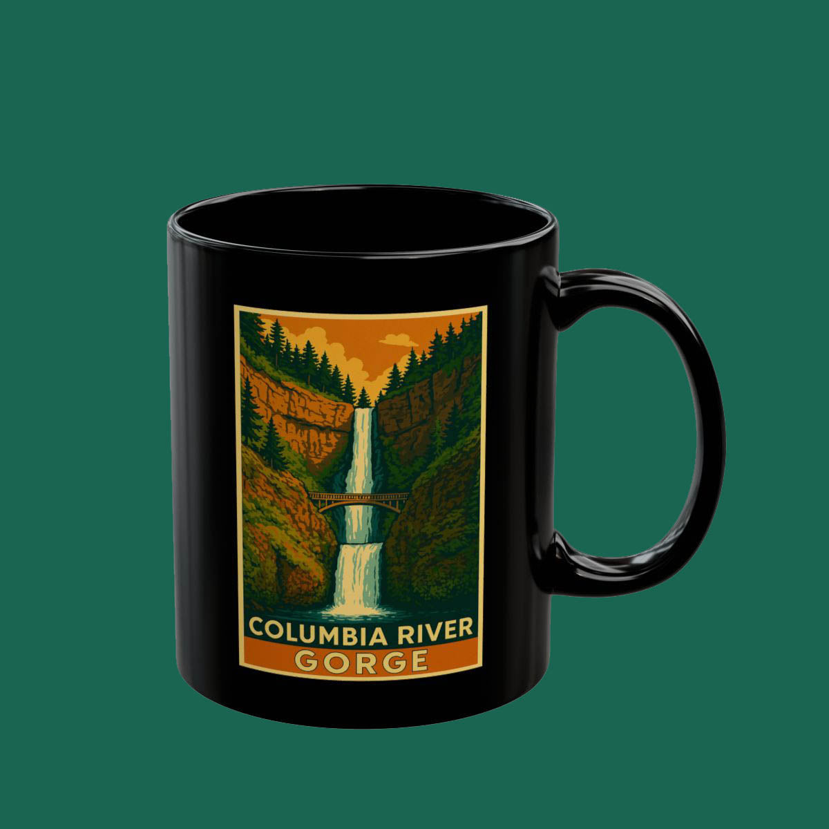Columbia River Gorge Waterfall Black Mug — Scenic Travel Coffee Cup (11oz, 15oz)