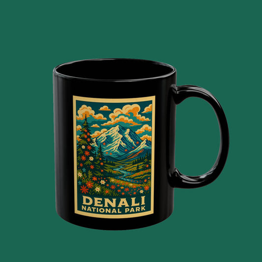 Denali National Park Retro Poster Black Coffee Mug (11oz & 15oz)
