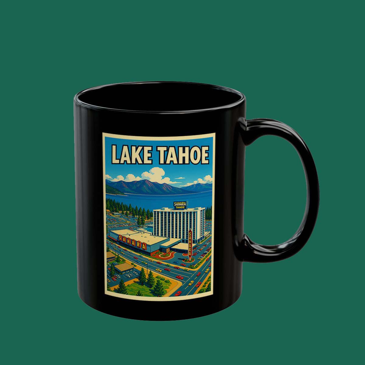 Lake Tahoe Vintage Travel Poster Black Mug — Retro Scenic Coffee Cup (11oz/15oz)