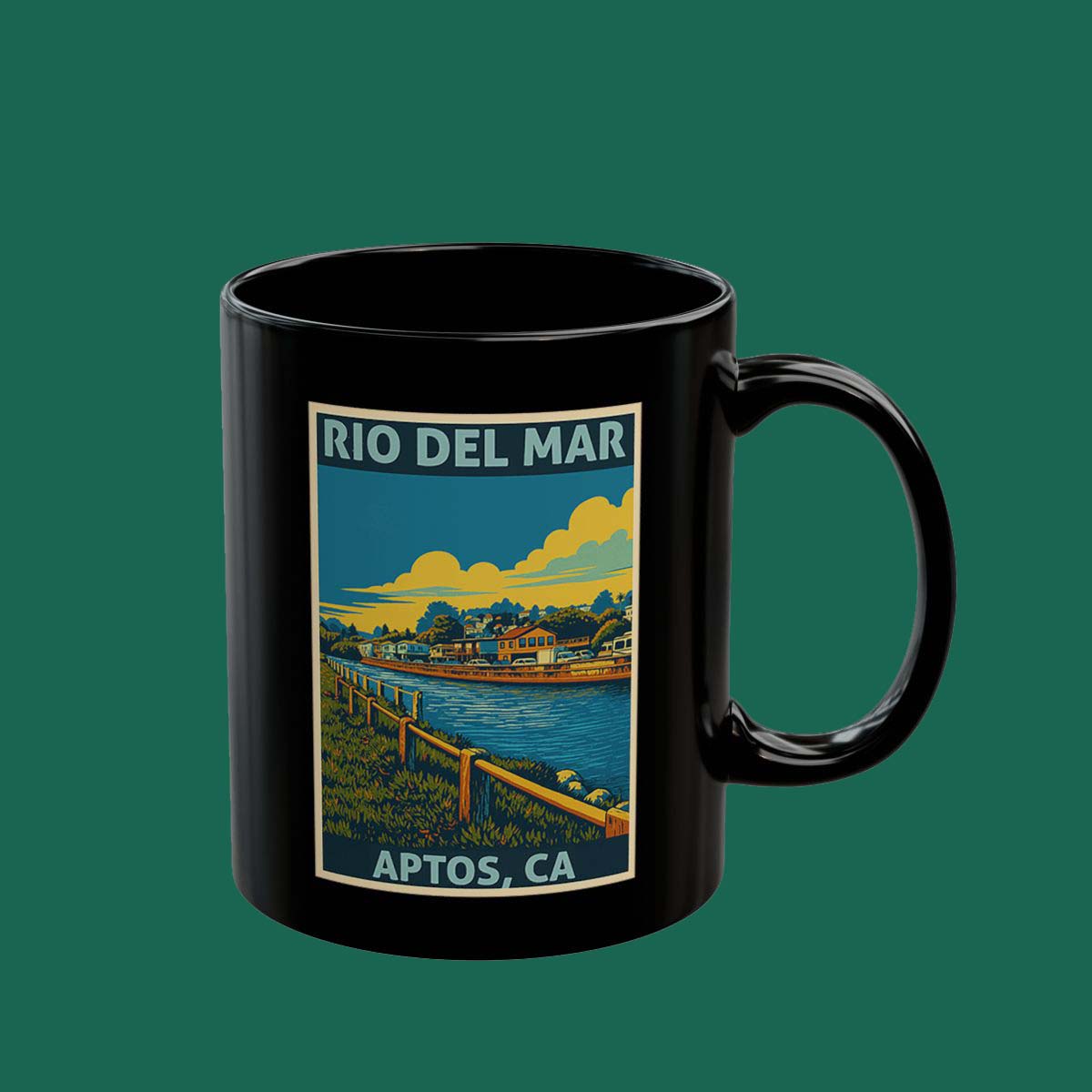 Rio Del Mar Coastal Poster Black Mug – Aptos CA Scenic Coffee Cup (11oz & 15oz)