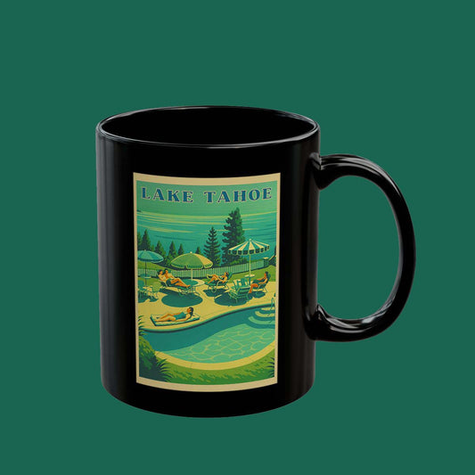 Lake Tahoe Vintage Travel Poster Black Mug — Retro Poolside Scenic Coffee Cup (11oz/15oz)