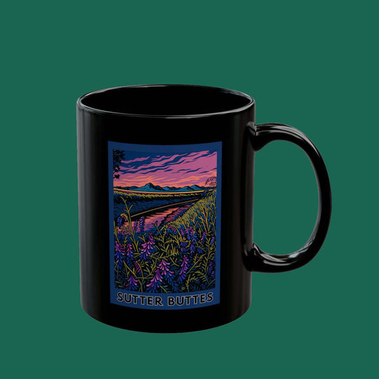 Scenic Sunset River Black Mug – Wildflower Landscape Coffee Cup (11oz/15oz)