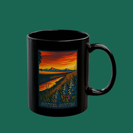 Scenic Sunset River Black Mug — Wildflower Landscape Coffee Cup (11oz & 15oz)