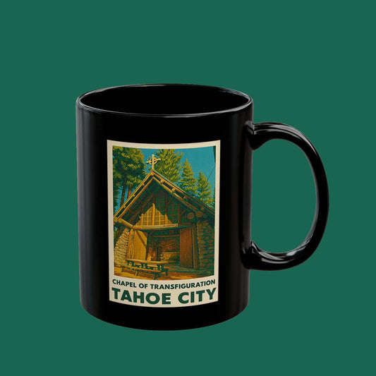 Tahoe City Chapel of Transfiguration Black Coffee Mug — Vintage Lake Tahoe Travel Poster Design (11oz & 15oz)