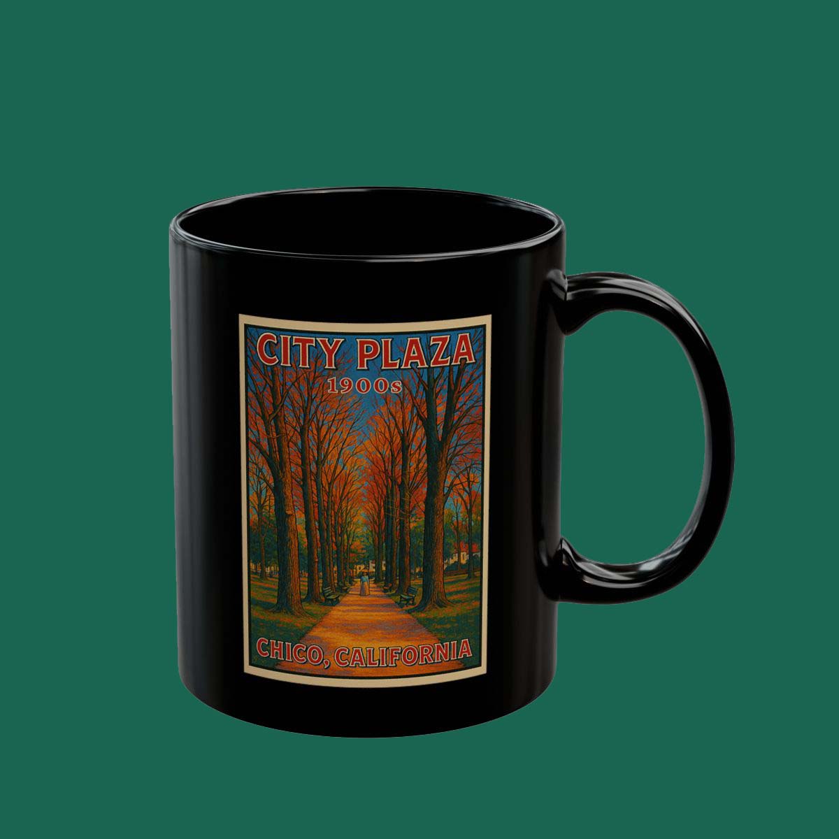 City Plaza Vintage Poster Black Mug – Retro Chico, California Travel Coffee Cup (11oz/15oz)
