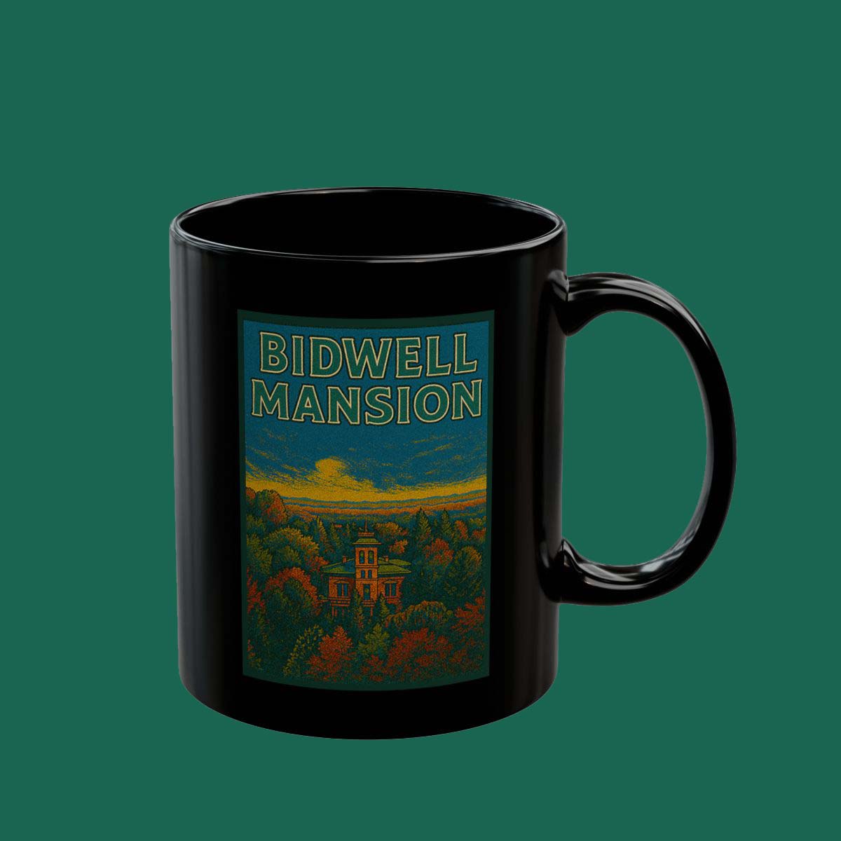 Bidwell Mansion Black Ceramic Mug — Scenic Historic Estate Coffee Cup (11oz & 15oz)