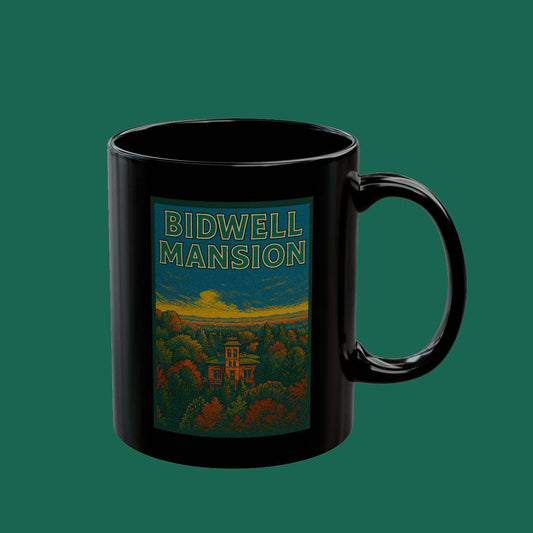 Bidwell Mansion Black Ceramic Mug — Scenic Historic Estate Coffee Cup (11oz & 15oz)