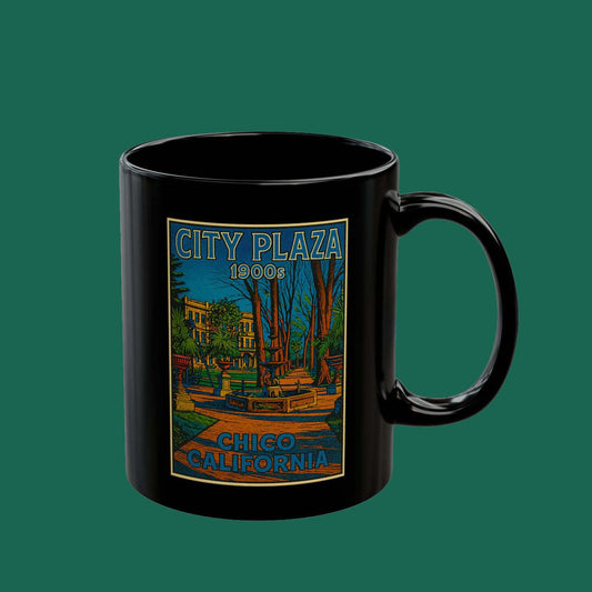 Chico City Plaza Vintage Travel Mug — Black Ceramic Coffee Cup (11oz/15oz)