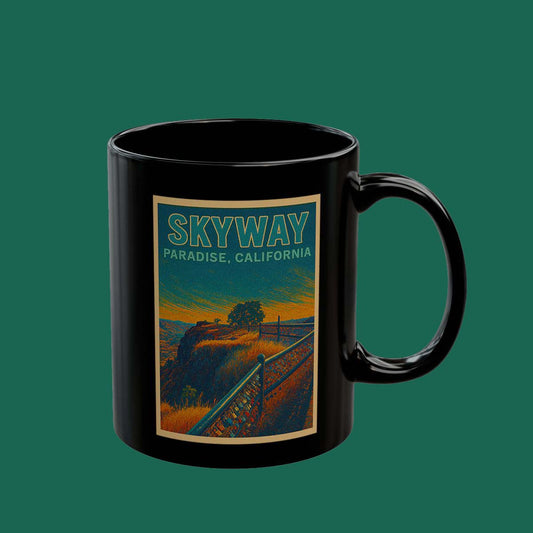 Skyway Paradise California Travel Mug — Retro Scenic Black Coffee Cup