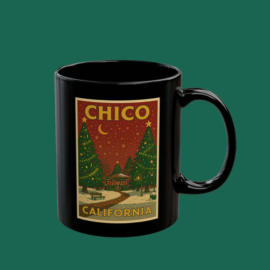 Chico California Holiday Black Mug — Vintage Winter Night Coffee Cup (11oz & 15oz)