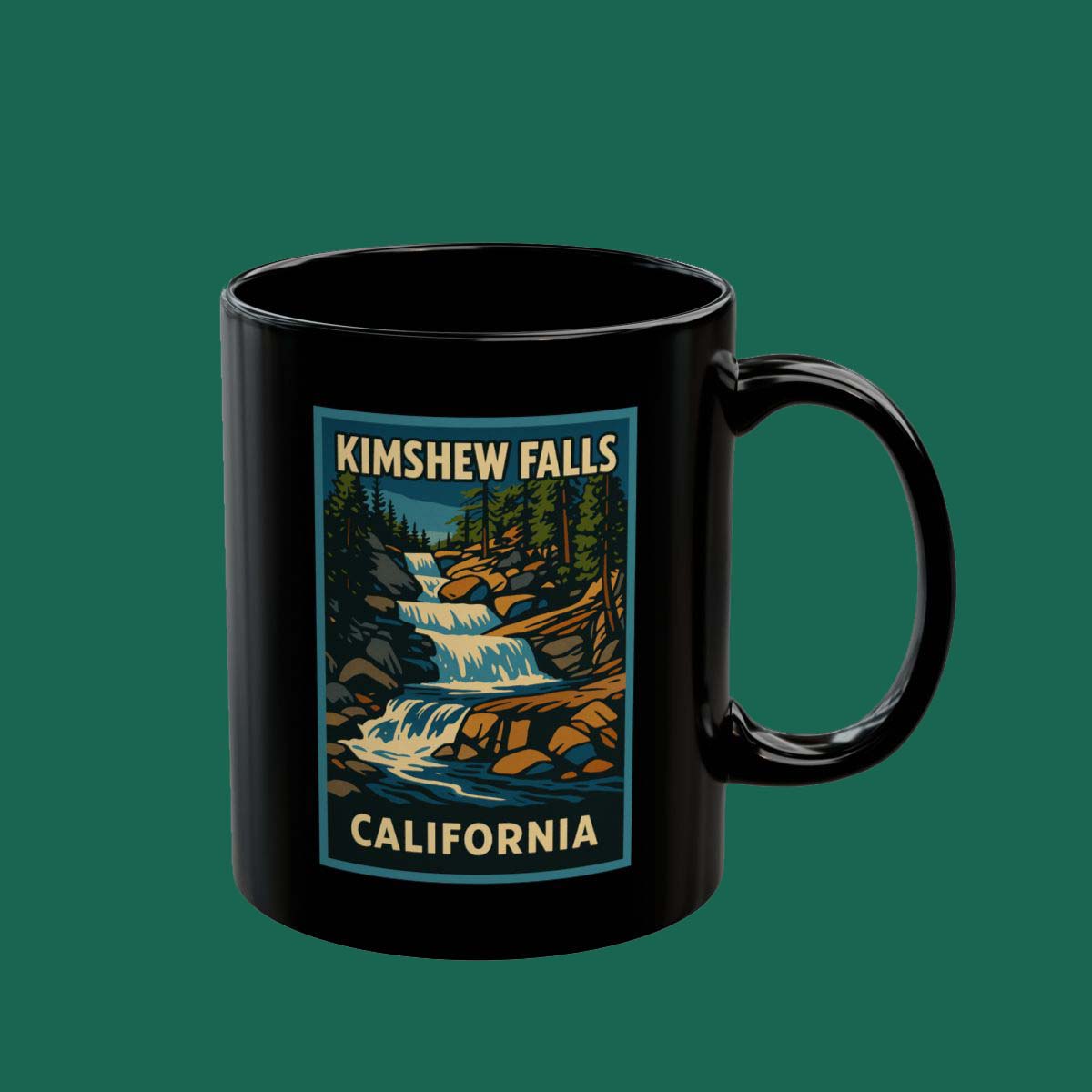 Kimshew Falls California Black Mug – Vintage Waterfall Travel Coffee Cup