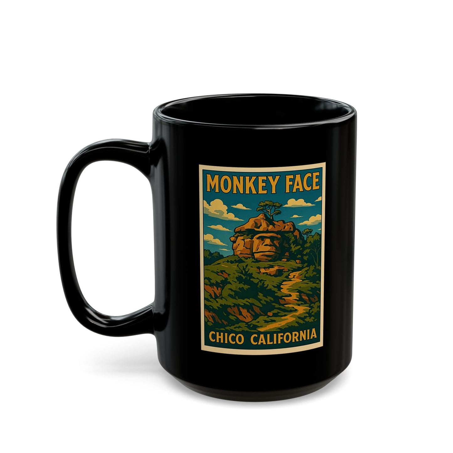 Monkey Face Chico California Coffee Mug — Vintage National Park Style Black Ceramic