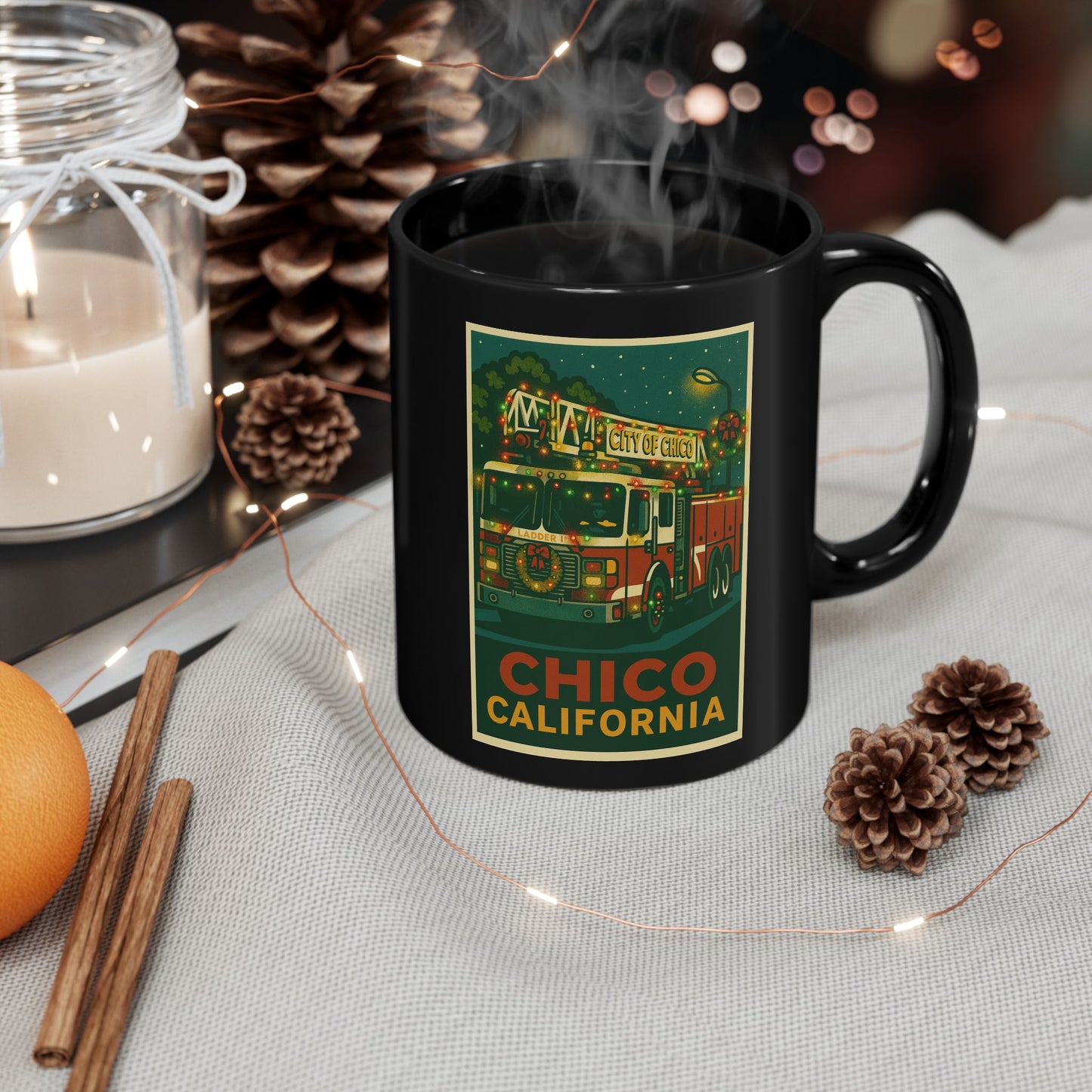 Festive Fire Truck Holiday Mug — 11oz & 15oz Black Coffee Cup