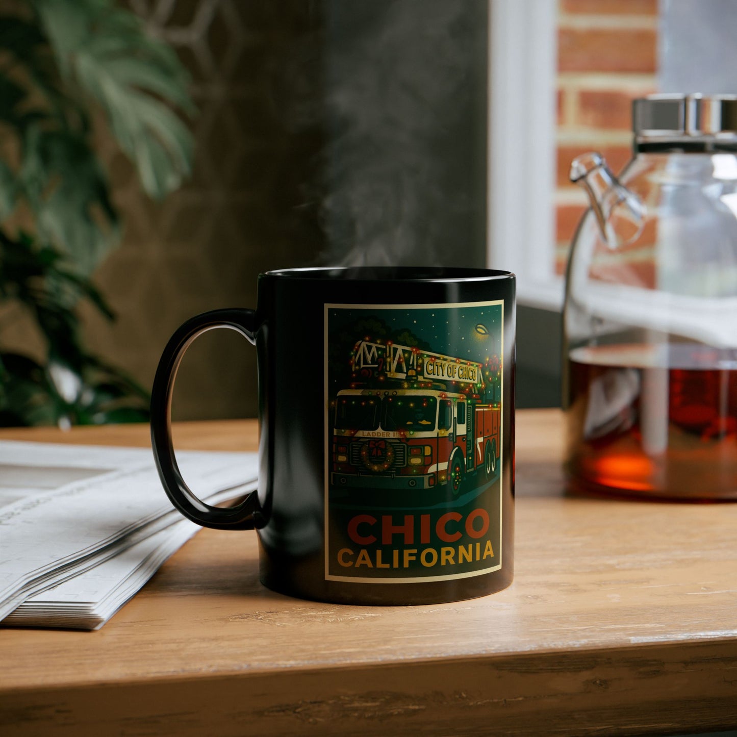 Festive Fire Truck Holiday Mug — 11oz & 15oz Black Coffee Cup
